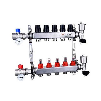 Коллекторная группа с шаровыми кранами 1" Tim KAS5005 КВАДРАТ на 5 ходов с расходомерами