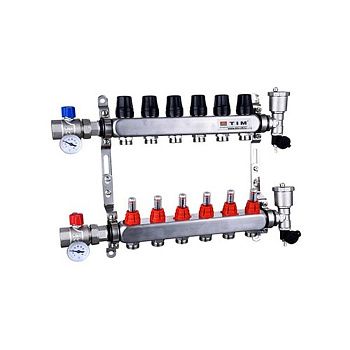 Коллекторная группа с шаровыми кранами 1" Tim KAS5006 КВАДРАТ на 6 ходов с расходомерами