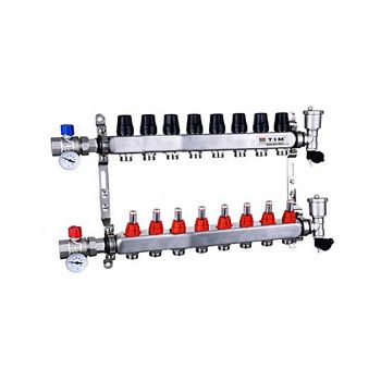 Коллекторная группа с шаровыми кранами 1" Tim KAS5008 КВАДРАТ на 8 ходов с расходомерами