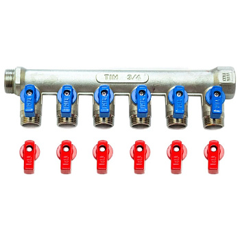 Коллектор никелированный 3/4"х1/2" Вн/Нр Tim MV-3/4-N-6 на 6 выходов под евроконус