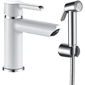 Смеситель для раковины Shevanik S6071F гигиеническим душем, белый/хром