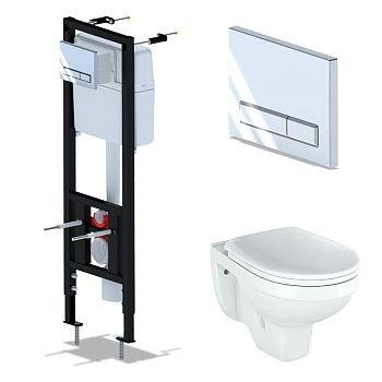 Комплект Инсталляция АНИ Пласт WCP4141A с механической кнопкой, хром WP1410 + Унитаз подвесной РИО Люкс 30745 дюропласт с микролифтом ROSA, Комплекты инсталляции с унитазом, ,