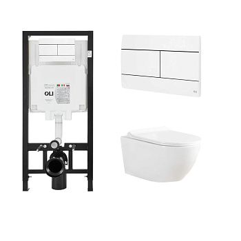 Комплект Инсталляция OLI 80 ECO mechanic с кнопкой Slim белая 886914SLO1 + Унитаз подвесной Knois KN9722001 безободковый, с крышкой 53,3х36,5х35,5 см.