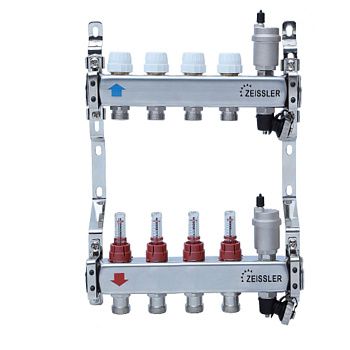 Коллекторная группа 1*3/4" ZEISSLER ZSc.405.0604S 4 выхода, нержавеющий корпус, с расходомерами (1/2)