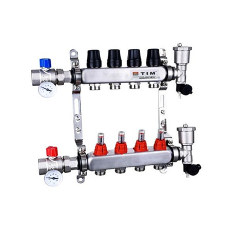 Коллекторная группа с шаровыми кранами 1" Tim KAS5004 КВАДРАТ на 4 хода с расходомерами