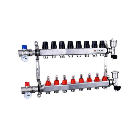 Коллекторная группа с шаровыми кранами 1" Tim KAS5008 КВАДРАТ на 8 ходов с расходомерами
