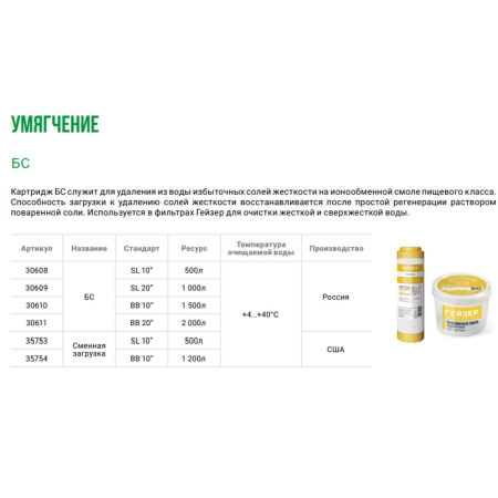 Картридж Гейзер БС 30608 10SL для удаления из воды избыточных солей жесткости на ионообменной