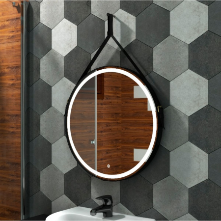 Зеркало для ванной Millenium ЗЛП985 D 500 LED подсветка на ремне из натуральной кожи черного цвета