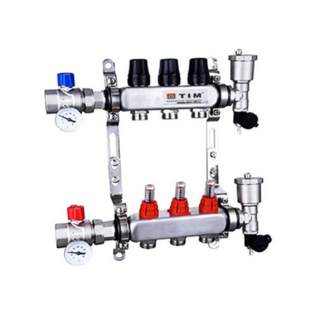 Коллекторная группа с шаровыми кранами 1" Tim KAS5003 КВАДРАТ на 3 хода с расходомерами