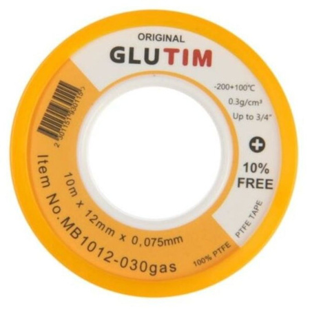 Фум лента для газа, 10м* 12мм* 0.075мм, плотность: 0.3г/см3,  Макс. Резъба до 3/4" MB1012-030gas