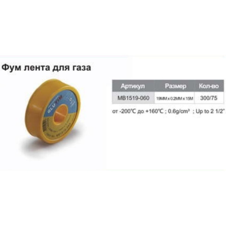 Фум лента для газа,  15м* 19мм*0.2мм, плотность: 0.6г/см3, Макс. Резъба до  2
