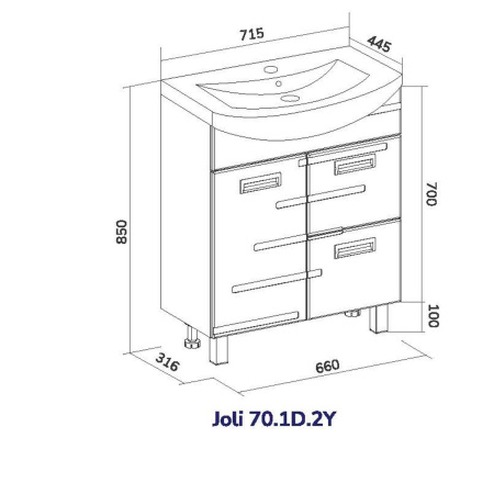 Тумба для ванны напольная Joli 70 tnJOLI70.1D.2Y-01 1 дверь, 2 ящика с раковиной Балтика 70