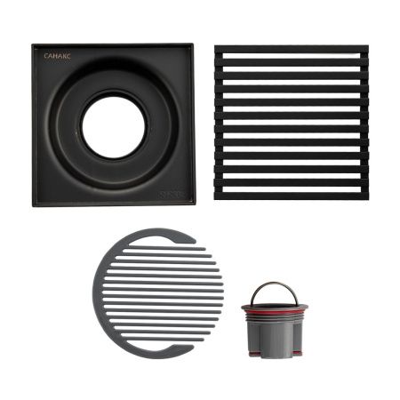 Трап САНАКС 1186 нержавеющая сталь черный 100х100 выход 50 мм, бронза, вертикальный-крышка литая, с уникальной системой слива воды