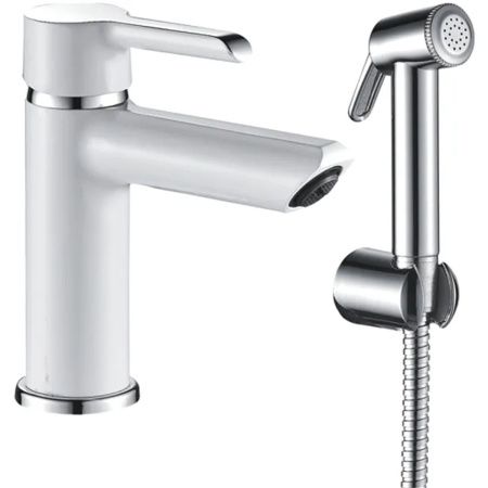 Смеситель для раковины Shevanik S6071F гигиеническим душем, белый/хром