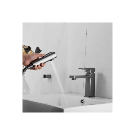 Смеситель для раковины Shevanik S8271T с гигиеническим душем, оружейная сталь