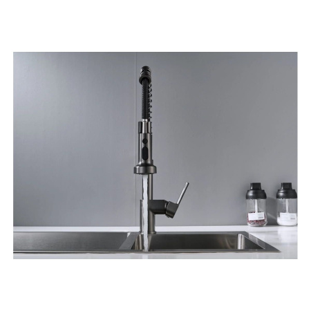 Смеситель для кухни Shevanik S963T гибкий излив, оружейная сталь