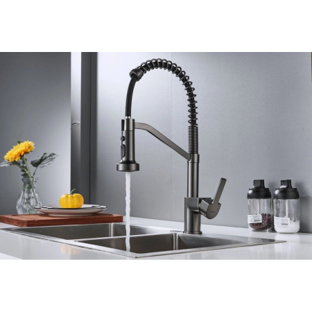 Смеситель для кухни Shevanik S963T гибкий излив, оружейная сталь