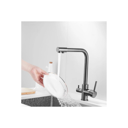 Смеситель для кухни Shevanik S328T с подключением фильтра питьевой воды, оружейная сталь