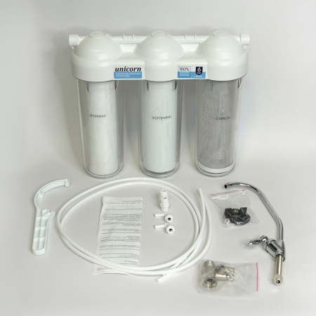 Система фильтрации под мойку Unicorn  LG - FPS 3 ST (Умягчение) трехступенчатая (прозрачный корпус)