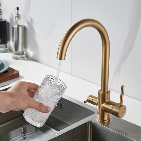 Смеситель для кухни Shevanik S128G с подключением фильтра питьевой воды, золото