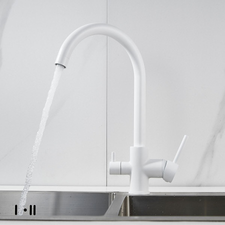 Смеситель для кухни Shevanik S128C с подключением фильтра питьевой воды, белый