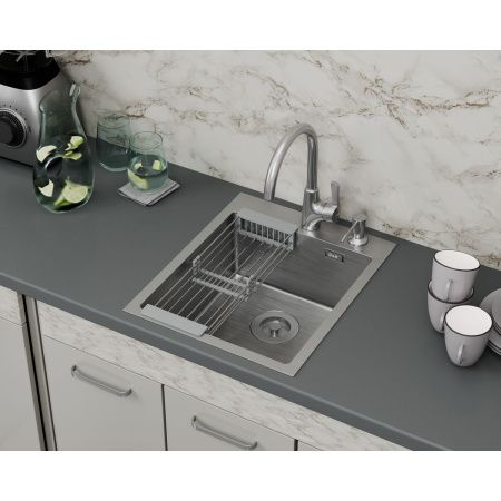 Мойка для кухни врезная D&K DKS415004 сатин из нержавеющей стали, 41*50 см  с сифоном, коландером, дозатором