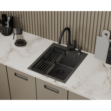 Мойка для кухни врезная D&K DKS415006 графит из нержавеющей стали, 41*50 см с сифоном, коландером, дозатором