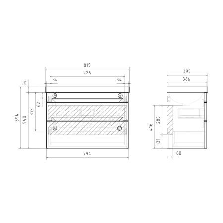 Тумба подвесная EQUIL Corner 80.2Y tpCRNR80.2Y-06 краска 2 ящика с раковиной Lake 9696-80