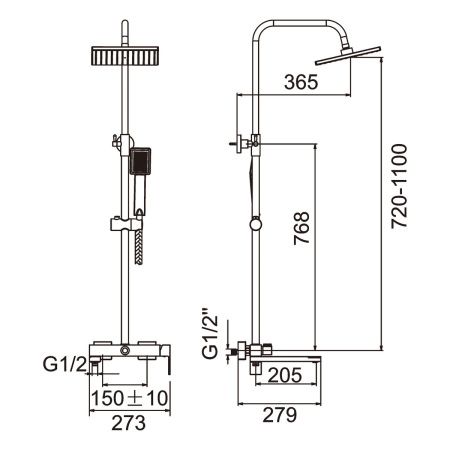 Душевая система с изливом BELZ B24613-3 верхний душ, лейка, оружейная сталь
