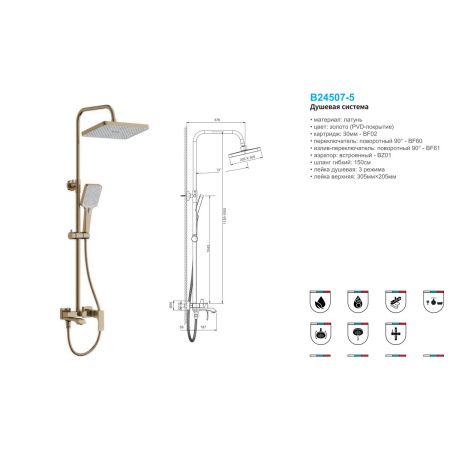 Душевая система с изливом BELZ B24507-5 верхний душ, лейка, золото, Душевые системы с изливом, , BELZ