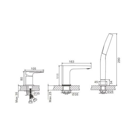 Смеситель для ванны на борт BELZ B66713-3 оружейная сталь, Серия B713, , BELZ
