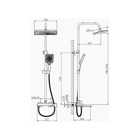 Душевая система с изливом BELZ B24672-3 верхний душ, лейка, оружейная сталь, Душевые системы с изливом, , BELZ