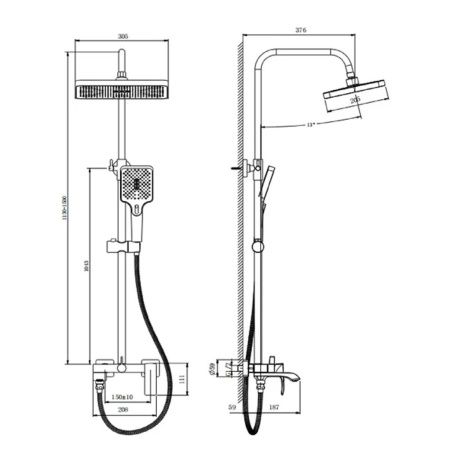 Душевая система с изливом BELZ B24507-3 верхний душ, лейка, оружейная сталь, Душевые системы с изливом, , BELZ