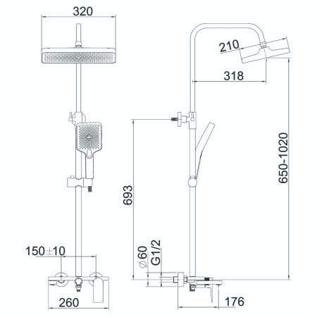 Душевая система с изливом BELZ B24678 верхний душ, лейка, хром, Душевые системы с изливом, , BELZ
