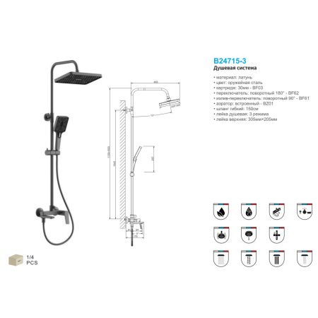 Душевая система с изливом BELZ B24715-3 верхний душ, лейка, оружейная сталь, Душевые системы с изливом, , BELZ