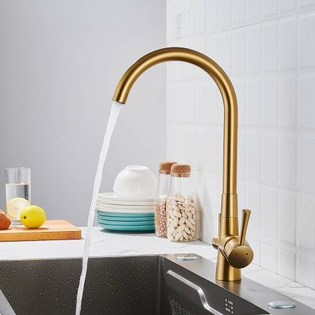 Смеситель для кухни Shevanik S428G с подключением фильтра питьевой воды, SUS304, золотой сатин , Смесители с подключением к фильтру питьевой воды, , Shevanik