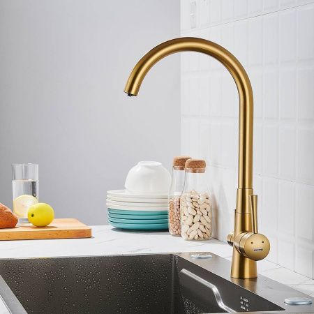 Смеситель для кухни Shevanik S428G с подключением фильтра питьевой воды, SUS304, золотой сатин , Смесители с подключением к фильтру питьевой воды, , Shevanik