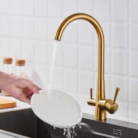 Смеситель для кухни Shevanik S428G с подключением фильтра питьевой воды, SUS304, золотой сатин , Смесители с подключением к фильтру питьевой воды, , Shevanik