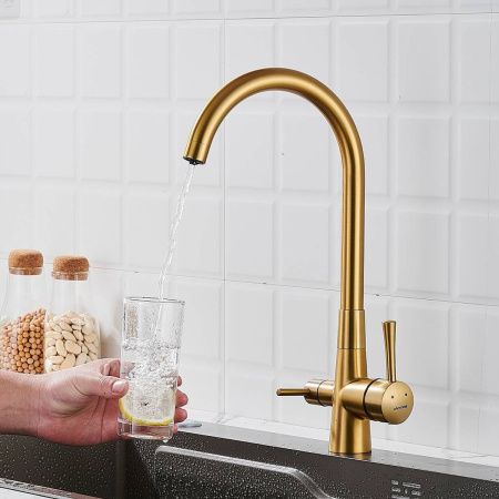 Смеситель для кухни Shevanik S428G с подключением фильтра питьевой воды, SUS304, золотой сатин , Смесители с подключением к фильтру питьевой воды, , Shevanik