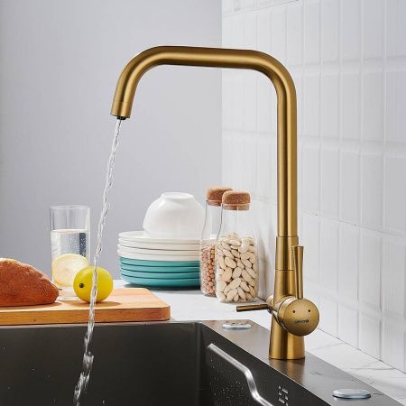 Смеситель для кухни Shevanik S528G с подключением фильтра питьевой воды, золотой сатин, Смесители с подключением к фильтру питьевой воды, , Shevanik