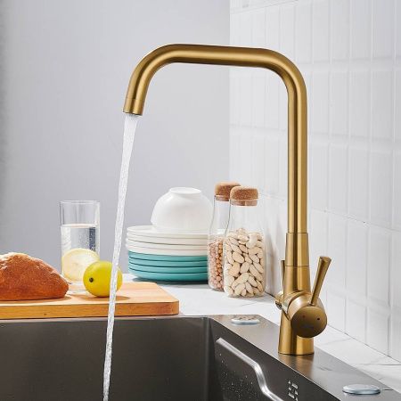 Смеситель для кухни Shevanik S528G с подключением фильтра питьевой воды, золотой сатин, Смесители с подключением к фильтру питьевой воды, , Shevanik