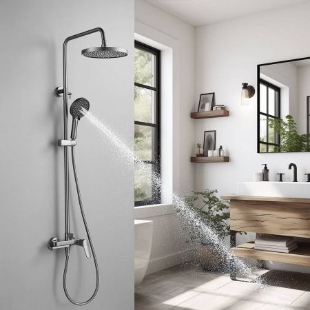 Душевая система Shevanik S4336T верхний душ, лейка, оружейная сталь, Коллекция S43, , Shevanik