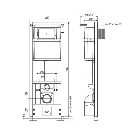 Комплект Инсталляция АНИ Пласт WCP4130A с механической кнопкой, белая WP1300, 1300х400х225 мм + Унитаз подвесной Knois KN9722001 безободковый, с крыш.