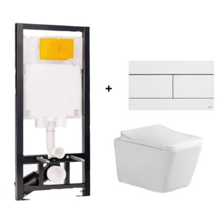 Комплект Инсталляция OLI 80 ECO mechanic с кнопкой Slim белая 886914SLO1 + Унитаз подвесной Knois KN9722002 безободковый, с крышкой 53,5х36х34 см.