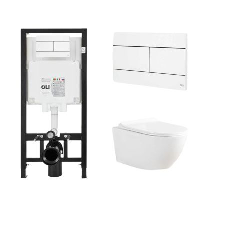 Комплект Инсталляция OLI 80 ECO mechanic с кнопкой Slim белая 886914SLO1 + Унитаз подвесной Knois KN9722001 безободковый, с крышкой 53,3х36,5х35,5 см.