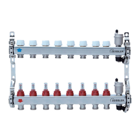 Коллекторная группа 1*3/4" ZEISSLER ZSc.405.0608S 8 выходов, нержавеющий корпус, с расходомерами (1/2)