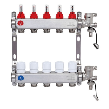 Коллекторная группа 1*3/4" ZEISSLER EFS6005 5 выходов, нержавеющий корпус, с регулирующими клапанами и расходомерами (1/4)