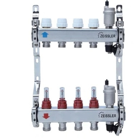 Коллекторная группа 1*3/4" ZEISSLER ZSc.405.0606S 6 выходов, нержавеющий корпус, с расходомерами (1/2)