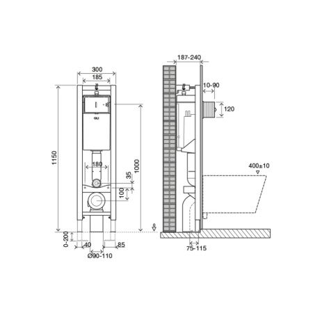 Инсталляция OLI QUADRA PLUS Sanitarblock 141945 без кнопки, (fast-fit), 300*1150*187 мм, пневматическая