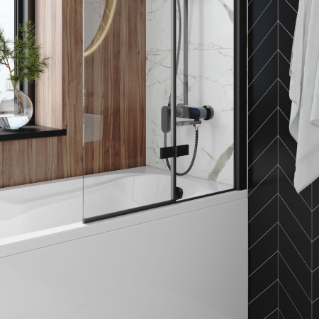 Шторка на ванну стеклянная 80х140 см Watersense Nancy S W00217 распашная, тонированное стекло, профиль черный матовый